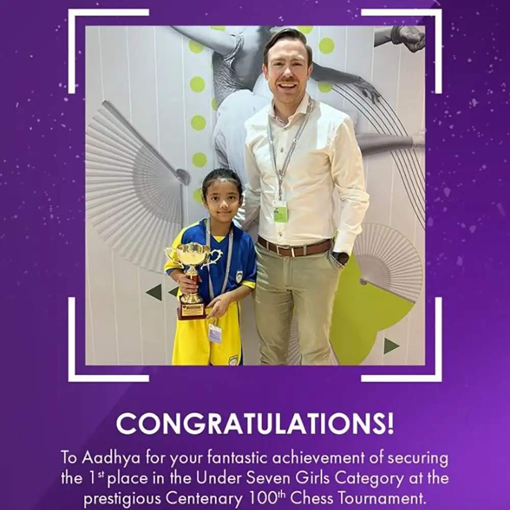 Aadhya Pathak from Grade II secured 1st place in the Under Seven Girls Category at the Centenary 100th Chess Tournament