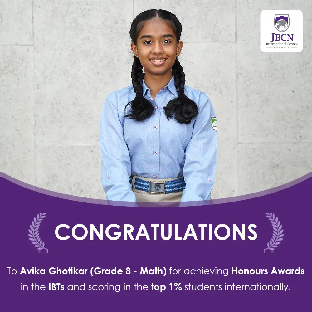 Avika Ghotikar ranked in the Top 1 per cent internationally and received Honours Awards for their International Benchmark Tests (IBTs)