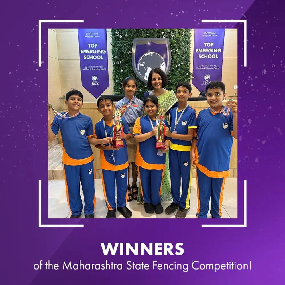 Winners from JBCN International School Mulund with trophies at the Maharashtra State Fencing Competition