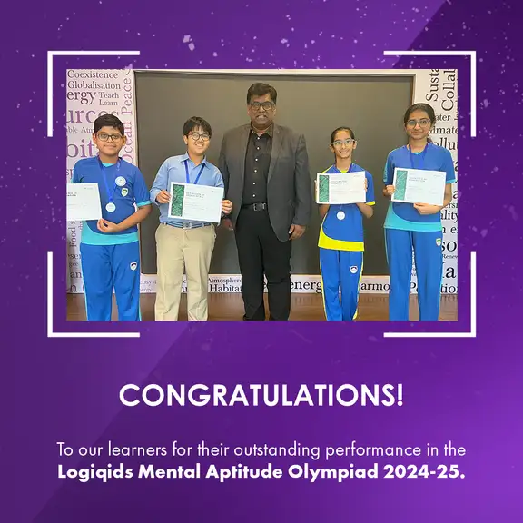 Students awarded medals at Logiqids Mental Aptitude Olympiad 2024-25 with their teacher